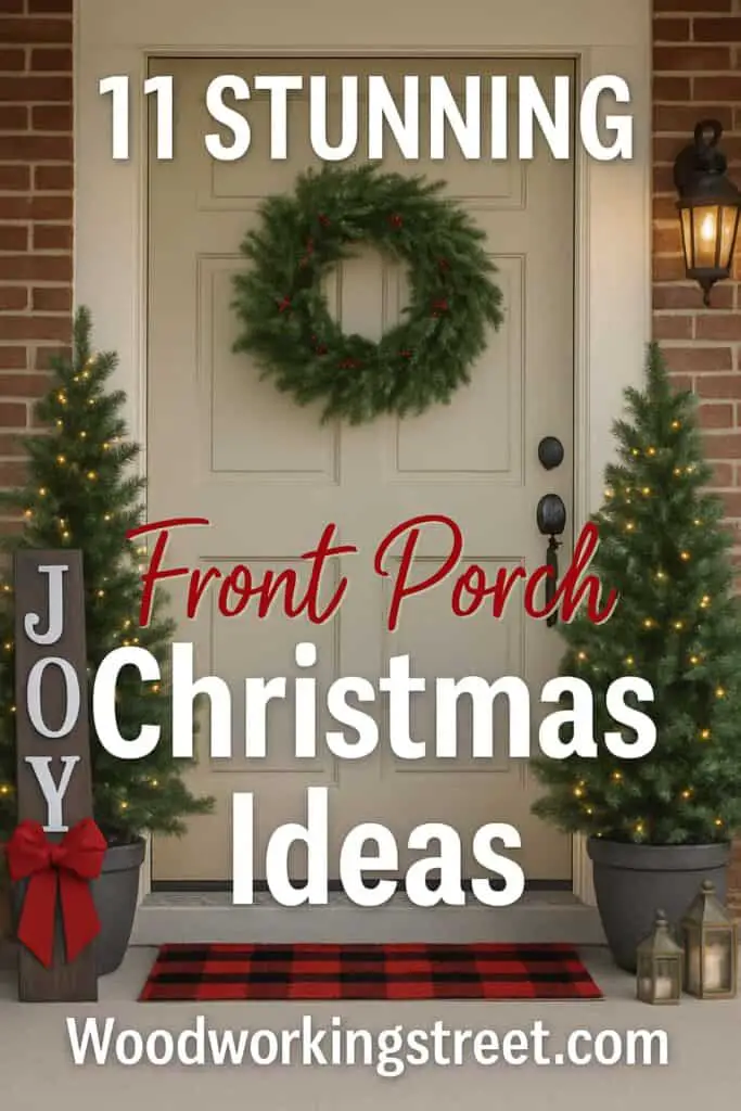 Pin image with overlay "11 STUNNING Front Porch Christmas Ideas".