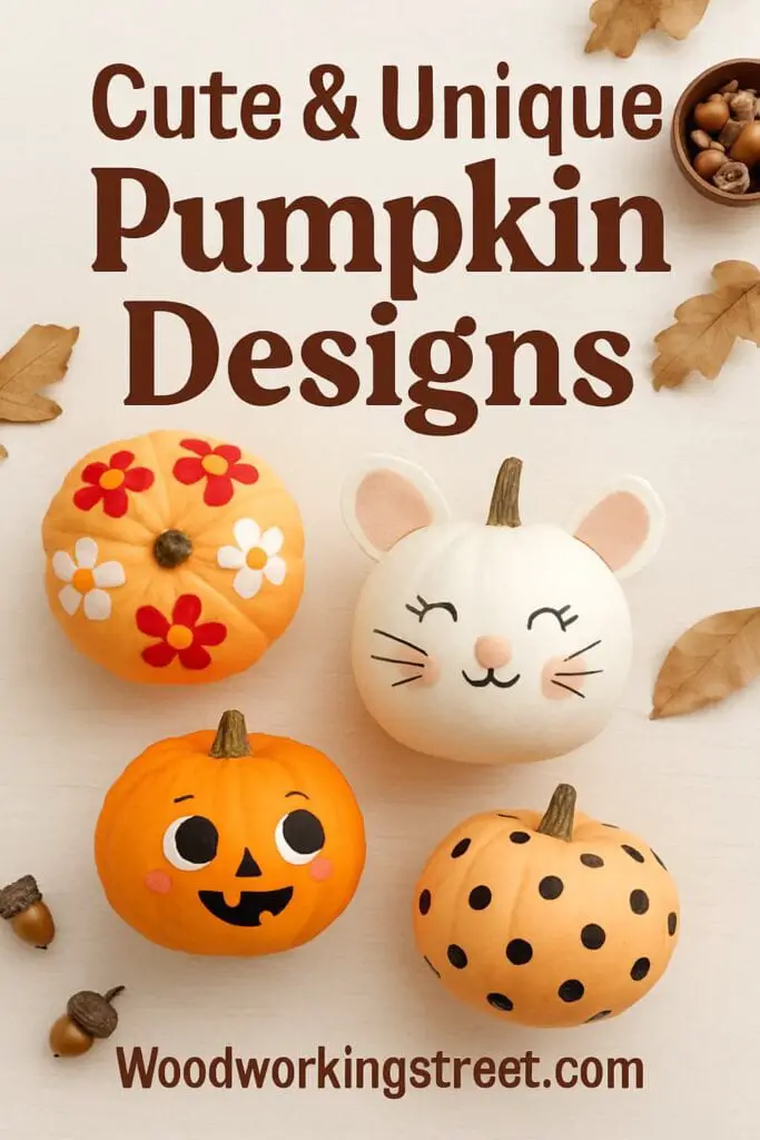 Pin image with overlay "Cute & Unique Pumpkin Designs".