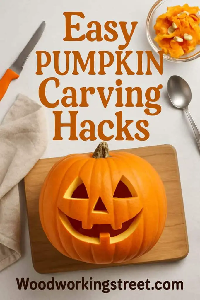Pin image with overlay "Easy Pumpkin Carving Hacks".