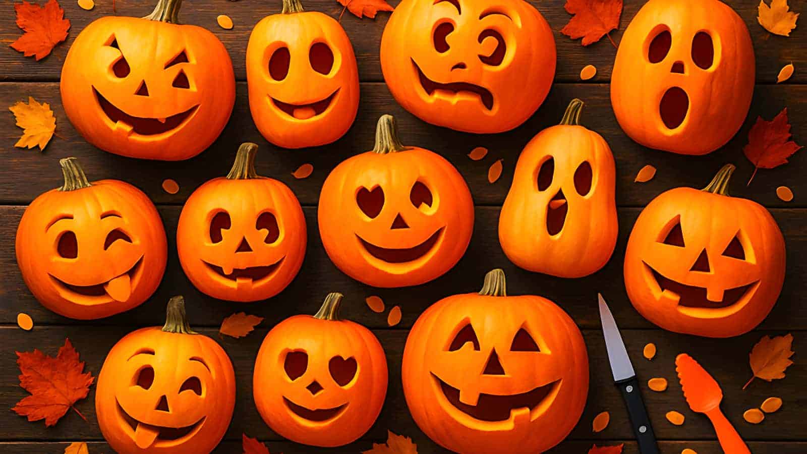 A flat lay of 11 creative pumpkin carving ideas, including funny, cute, and classic designs, on a rustic wooden table with autumn leaves.