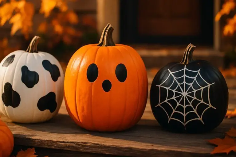 A collection of cute and easy painted pumpkins, including a ghost, a cow print, and a spider web, sitting on a rustic porch for Halloween - Pumpkin Painting Ideas