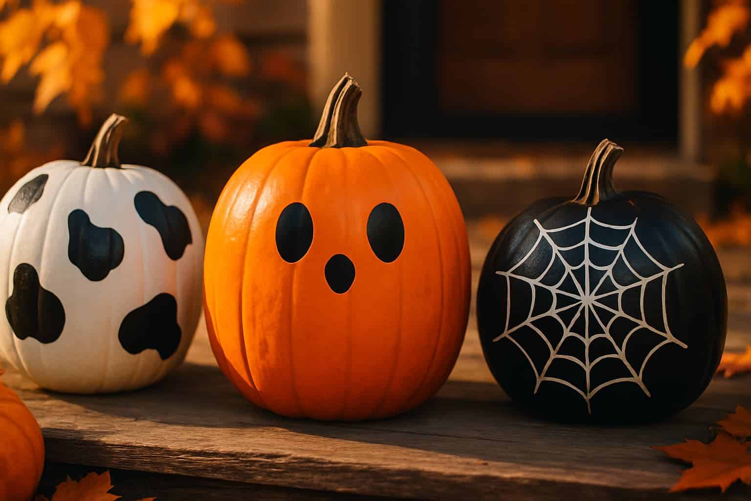 A collection of cute and easy painted pumpkins, including a ghost, a cow print, and a spider web, sitting on a rustic porch for Halloween - Pumpkin Painting Ideas