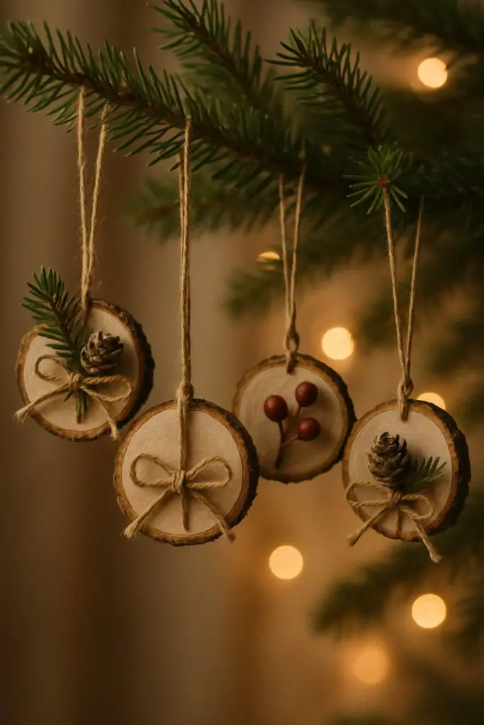 Rustic wood slice ornaments hanging on a Christmas tree branch, decorated with pinecones and greenery.