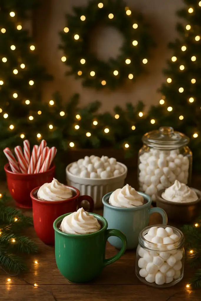 A festive hot cocoa bar with colorful mugs, whipped cream, candy canes, and marshmallows, surrounded by fairy lights.