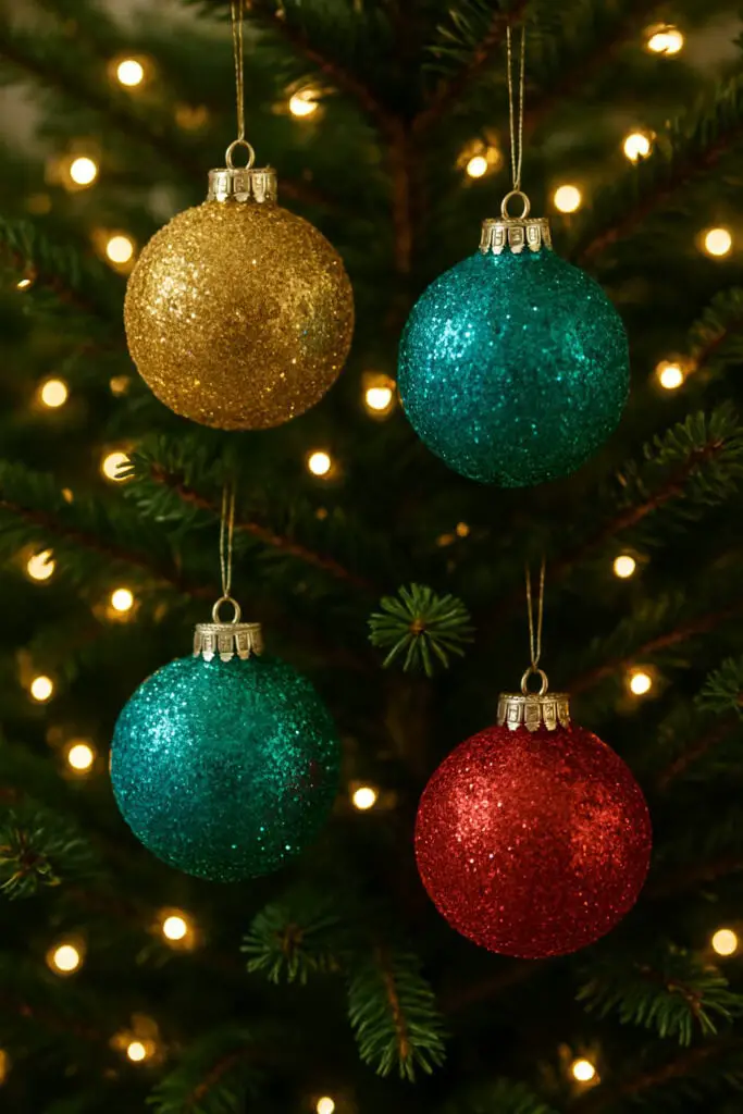 Colorful glitter ornaments hanging on a Christmas tree