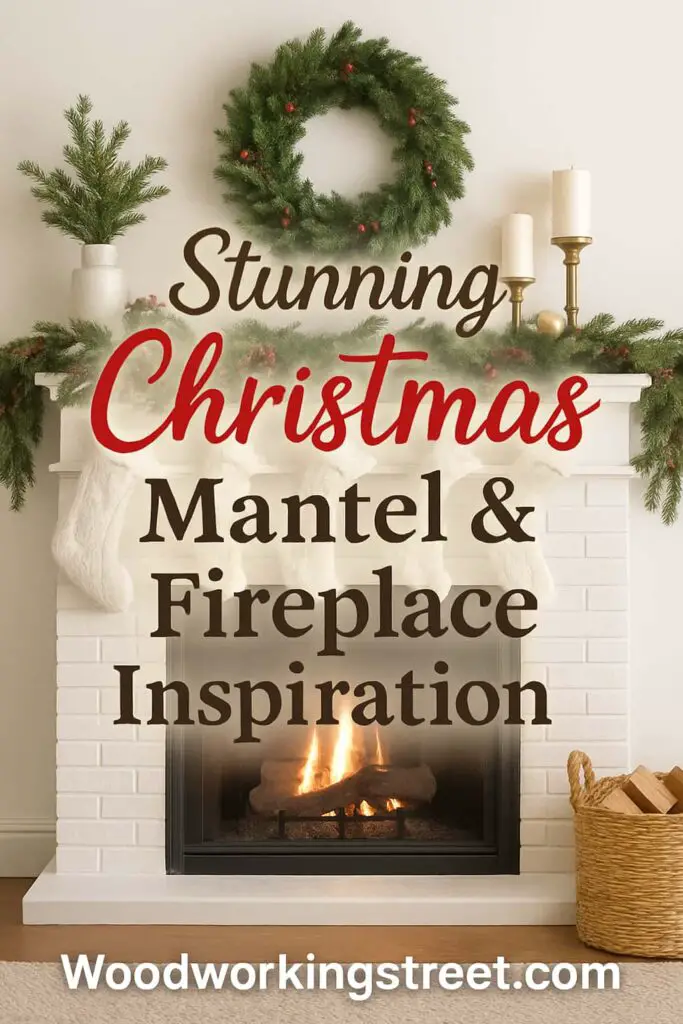 Pin image with overlay "Stunning Christmas Mantel & Fireplace Inspiration".