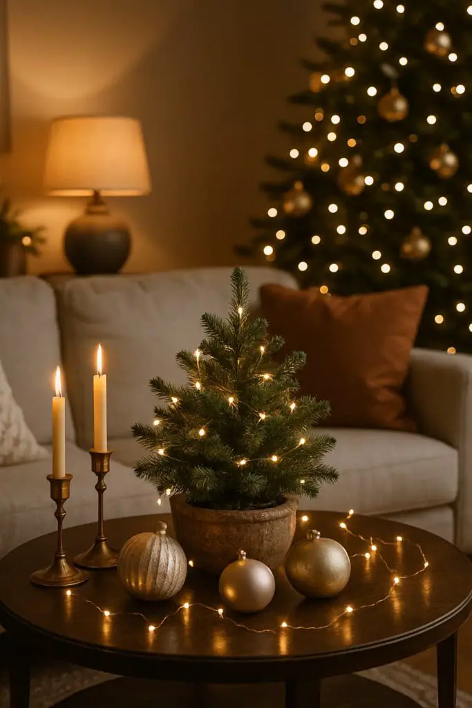 A cozy coffee table decorated for Christmas with a small tree, candles, and ornaments.