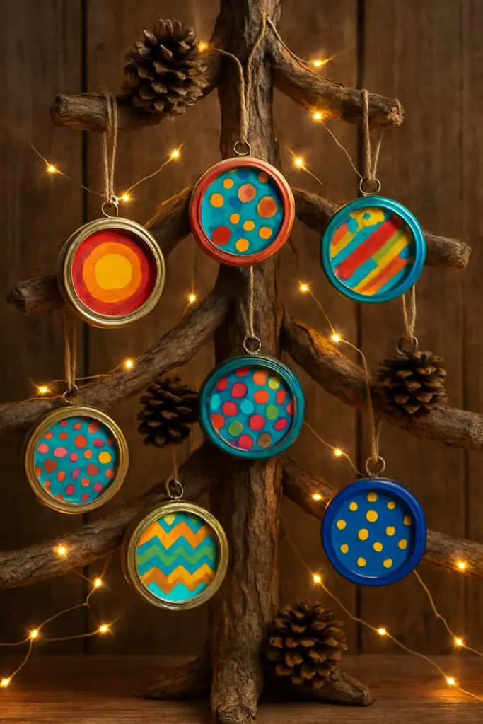 Colorful upcycled mason jar lid ornaments hanging on a rustic tree with lights