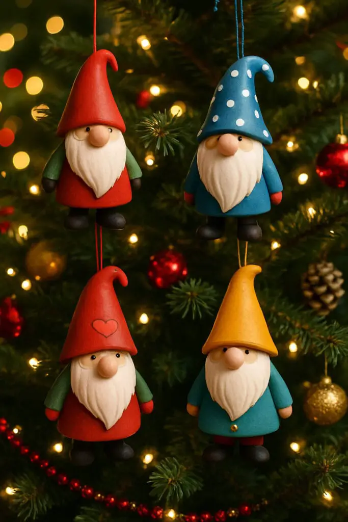 Colorful gnome ornaments hanging on a Christmas tree.