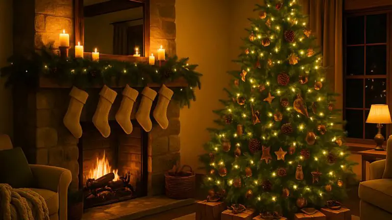 A cozy living room featuring photorealistic woodland Christmas decor, with a focus on a beautifully lit tree and a rustic mantel- Woodland Christmas Decor