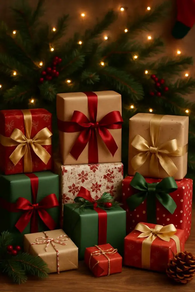 A collection of beautifully wrapped Christmas gifts in various colors and sizes, with festive decorations in the background.