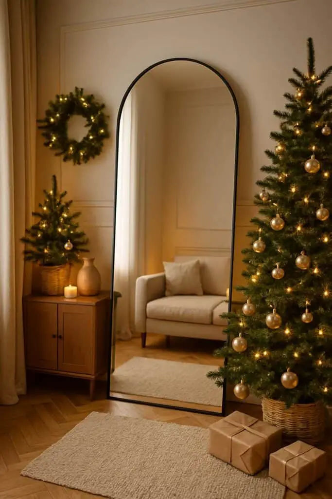 A modern arched full-length mirror reflecting a cozy room with a Christmas tree, candles, and decorative elements.