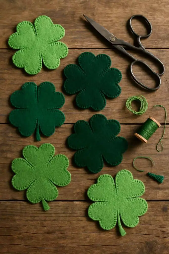 A collection of green felt shamrock coasters on a wooden surface, with scissors and thread nearby.