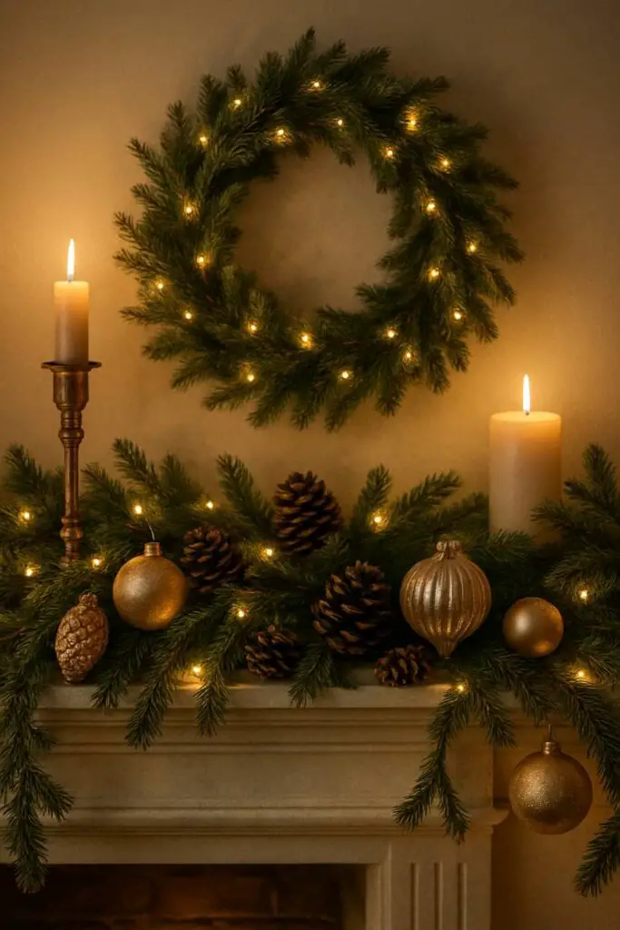 Cozy Christmas mantel decor with candles, pinecones, and a wreath.