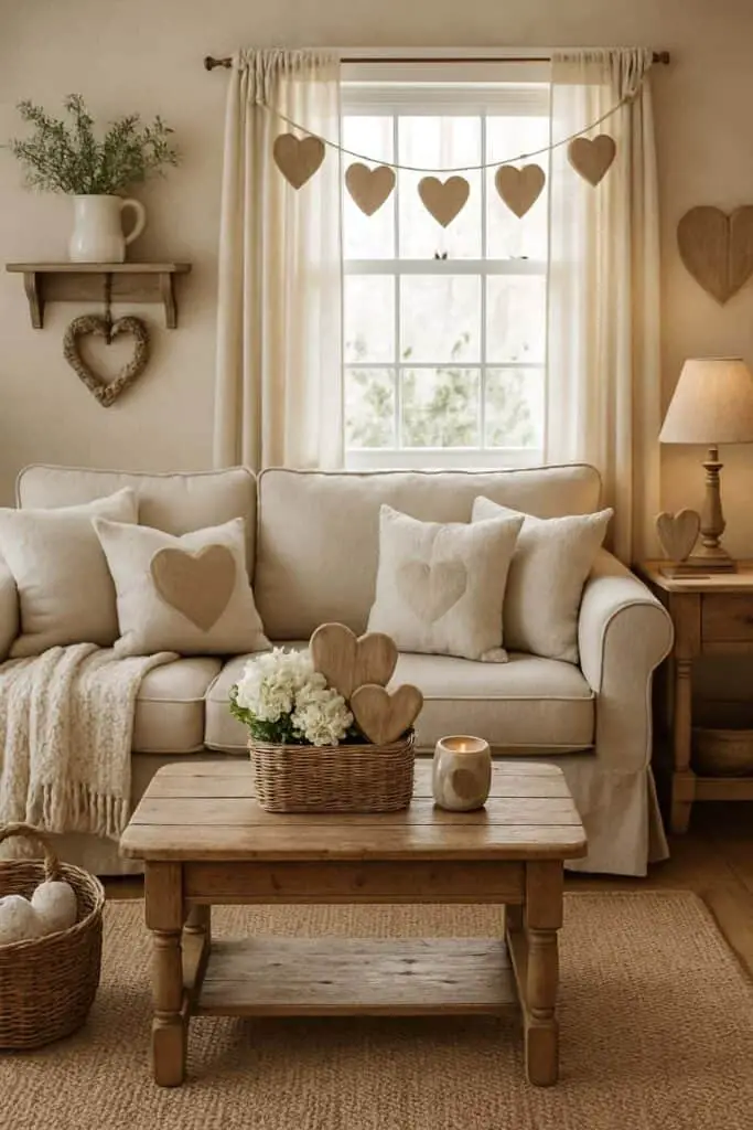 Cozy farmhouse living room with neutral tones, heart decorations, and natural textures.