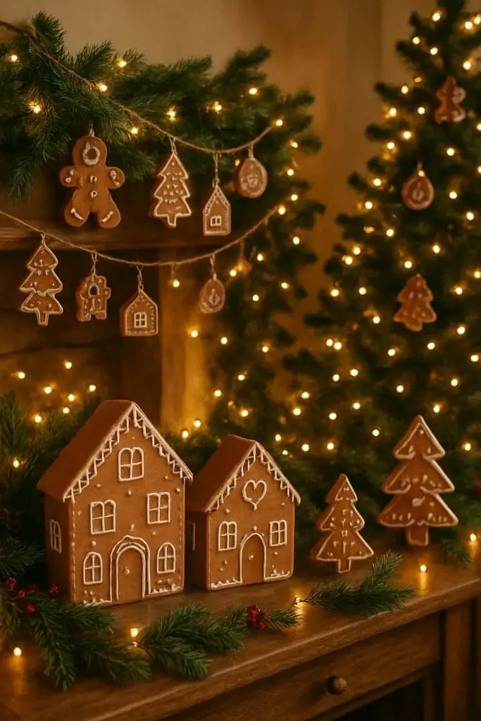 A cozy display of gingerbread houses and decorations with fairy lights and greenery.