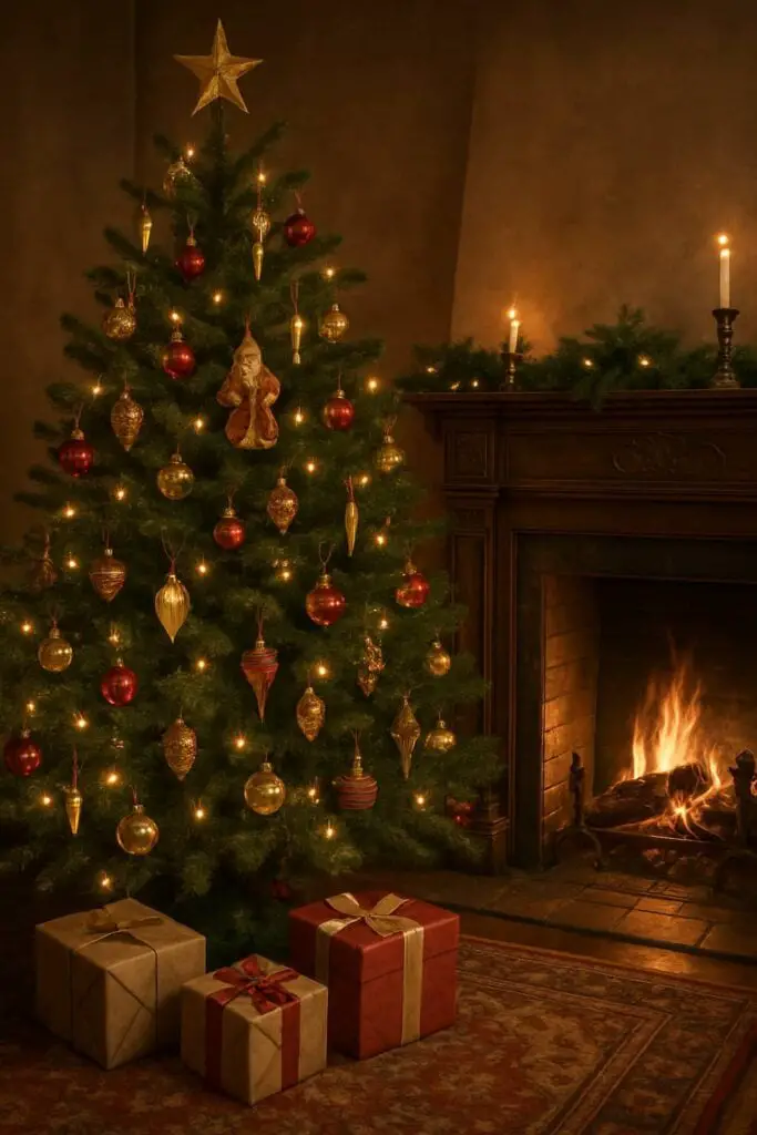 A vintage Christmas tree decorated with red and gold ornaments, a star on top, and presents underneath, next to a glowing fireplace.