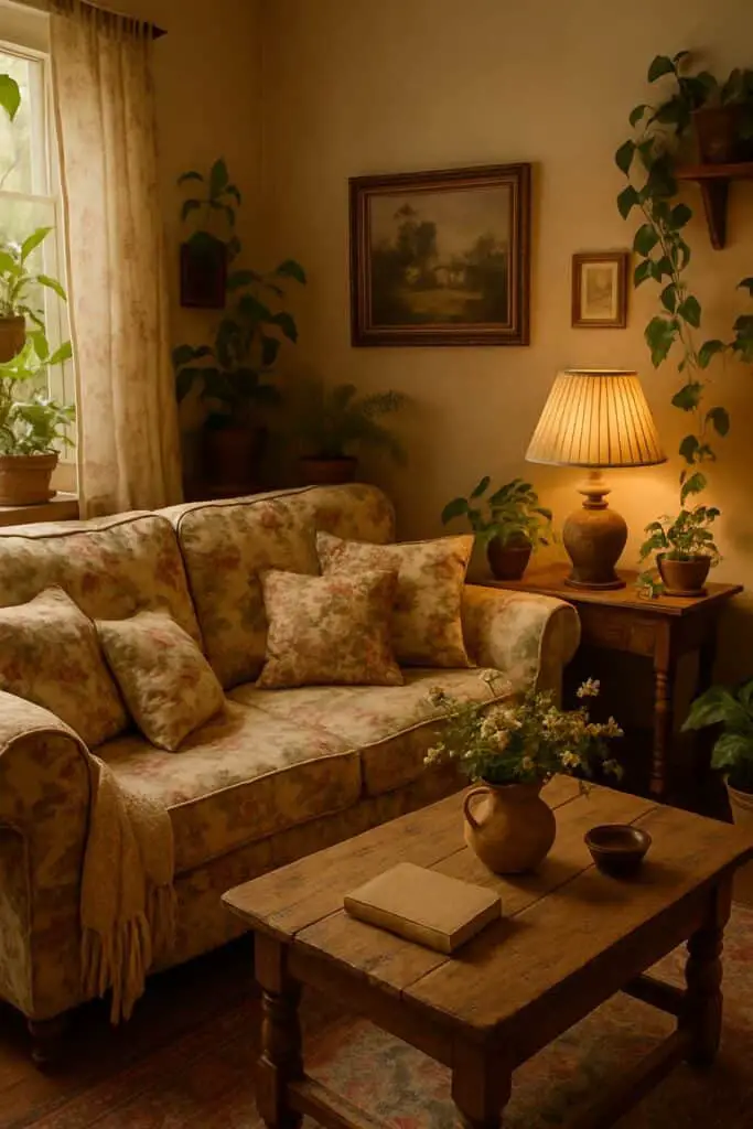 Cottagecore living room featuring a floral patterned sofa, a vintage table lamp, and trailing ivy plants on shelves.