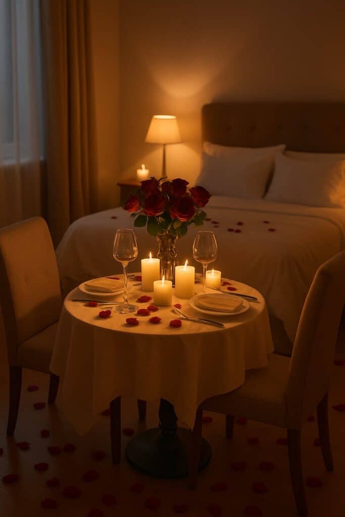 A romantic bedroom setup with a small table for two, decorated with candles, roses, and rose petals.