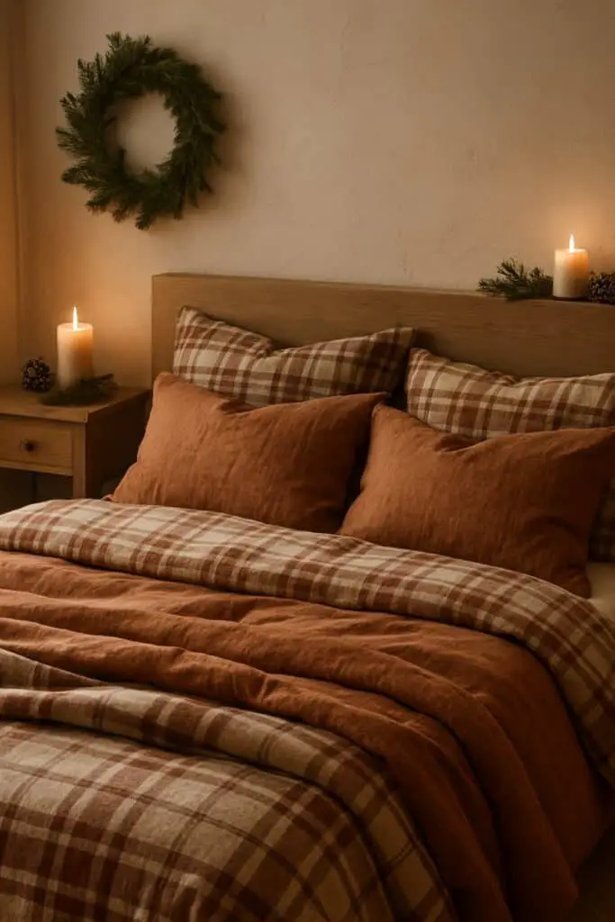 Warm rust and plaid flannel bedding styled on a wooden bed with lit candles on the nightstand and headboard for a winter look.