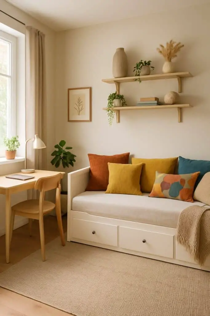 Small guest room featuring a daybed with storage drawers and a compact desk, functioning as both a bedroom and office.