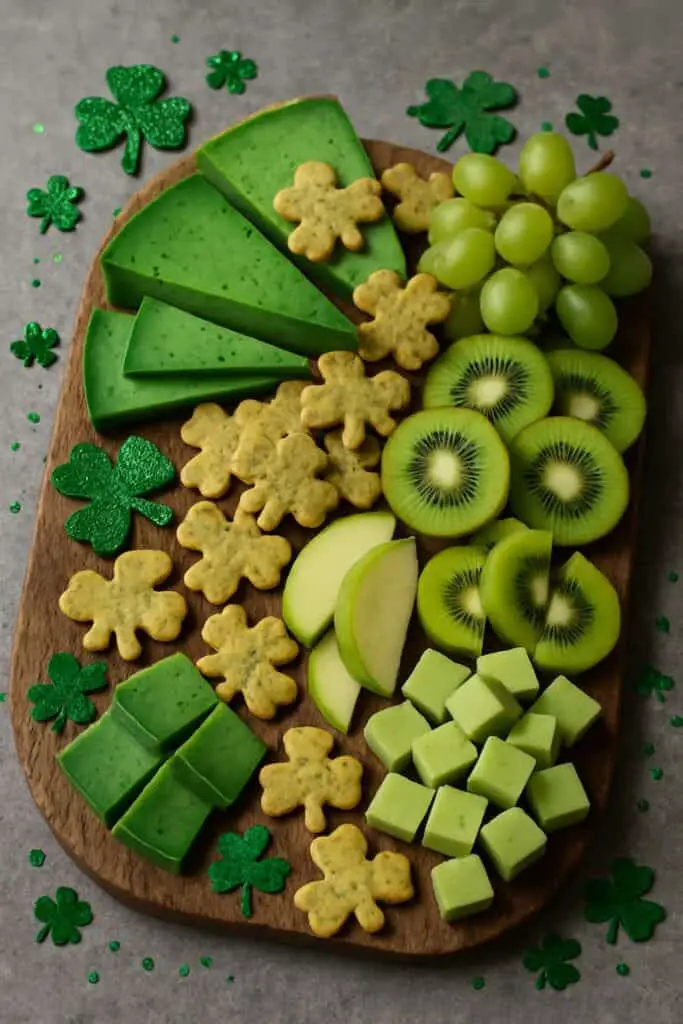 Rustic wooden charcuterie board with green cheese, green apples, and shamrock crackers on a plank.