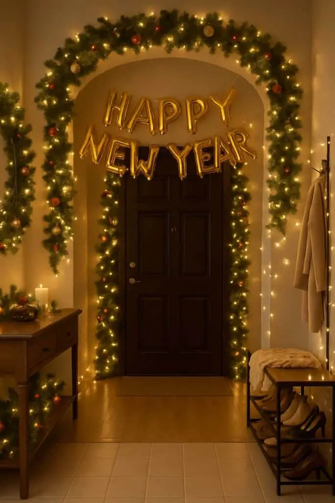 A festive entryway decorated for New Year's with garland and lights.
