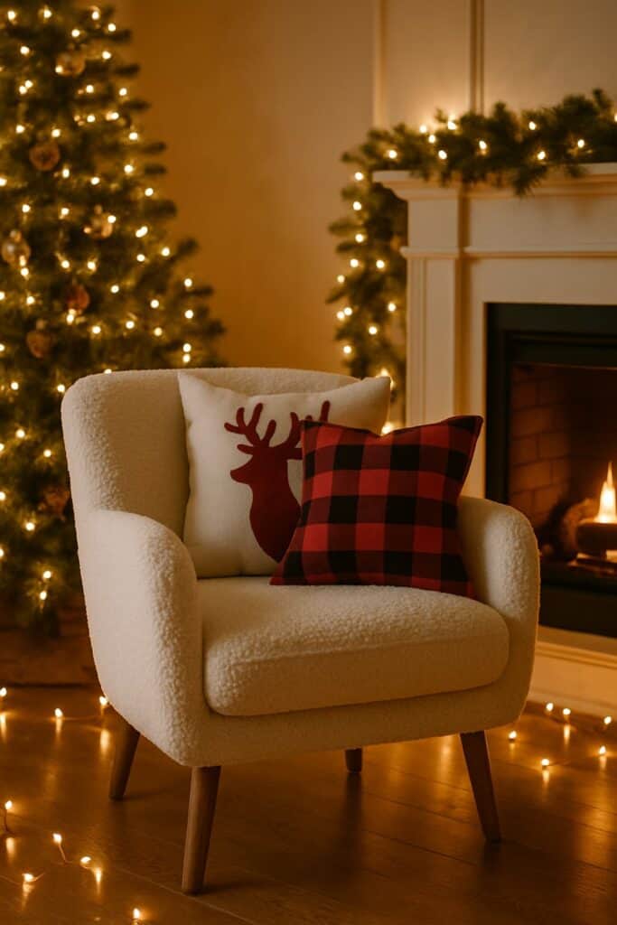 A cozy boucle accent chair with festive pillows, next to a Christmas tree and a fireplace.