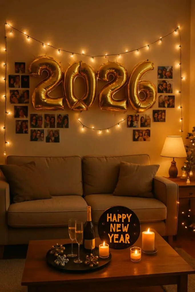 Cozy living room decorated for New Year's Eve with balloons, fairy lights, and candles.