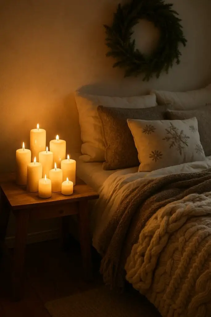 Cluster of lit pillar candles of varying heights on a wooden stool next to a bed with a cable-knit throw and snowflake pillow.