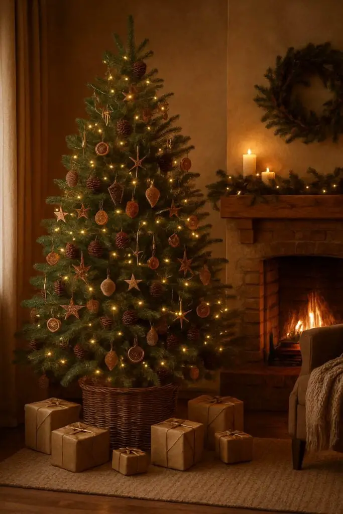 A natural woodland Christmas tree decorated with pinecones and wooden ornaments, surrounded by wrapped gifts and a cozy fireplace.