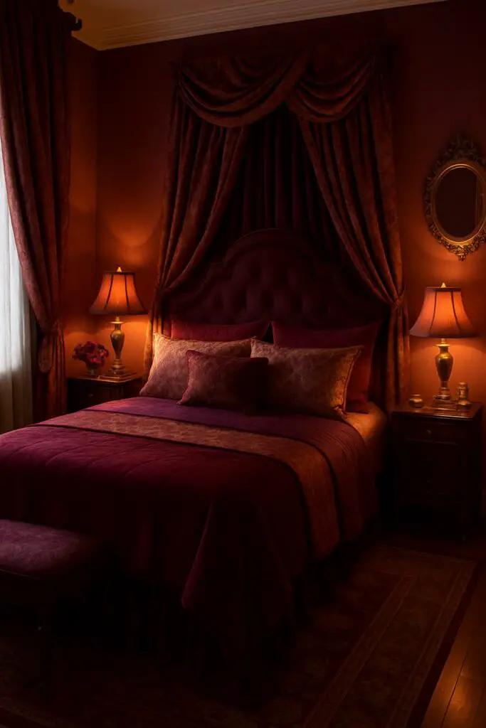 A romantic bedroom decorated with rich burgundy and gold tones, featuring a plush bed and soft lighting.