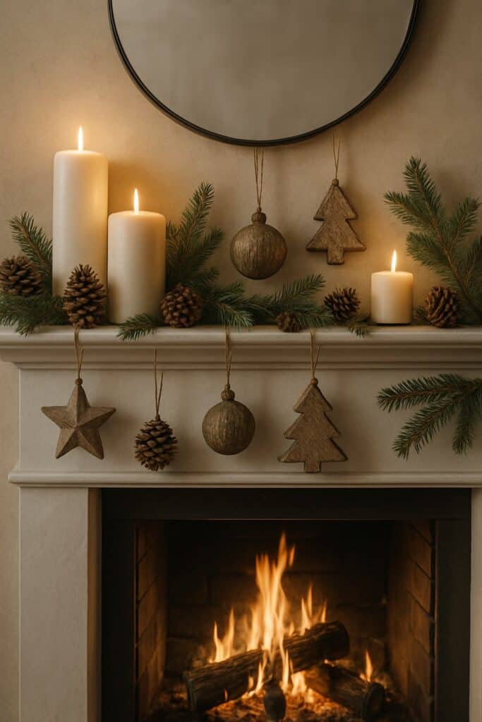 A cozy Christmas mantel decorated with candles, pinecones, and wooden ornaments, featuring a warm fire in the fireplace.