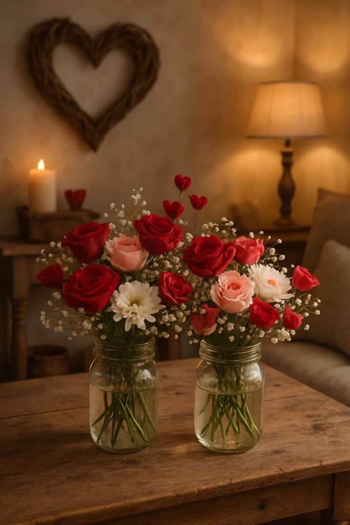 Two vintage mason jars filled with red and pink roses and white daisies on a wooden table.