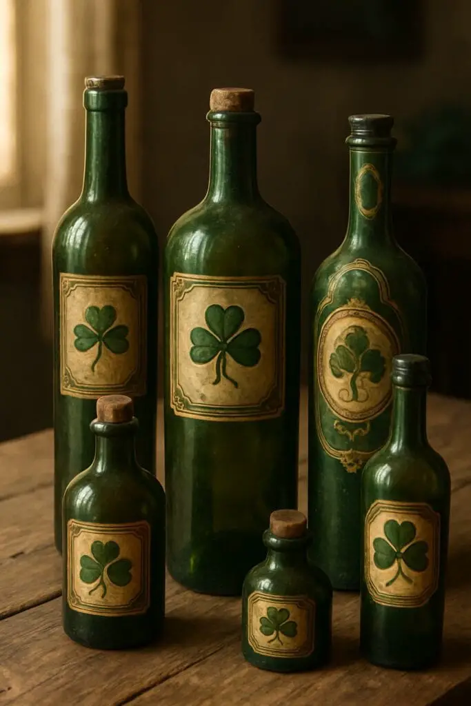 A collection of green wine bottles with vintage shamrock labels on a wooden table.