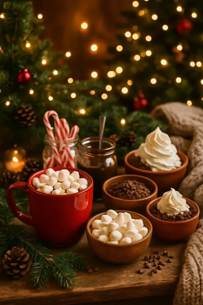 A cozy hot cocoa bar with a red mug filled with marshmallows, bowls of toppings, and festive decorations.