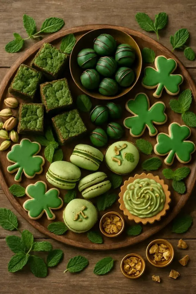 Emerald Isle dessert board with green matcha brownies, mint truffles, and shamrock cookies.