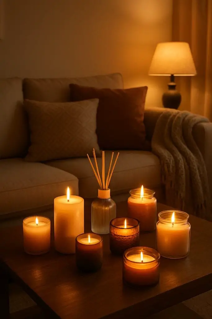 Cluster of lit amber jar candles and a reed diffuser on a table, with a cozy sofa and lamp in the background.