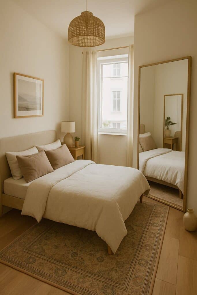 Large leaning floor mirror reflecting a small bedroom to create the illusion of more space, paired with a large area rug.