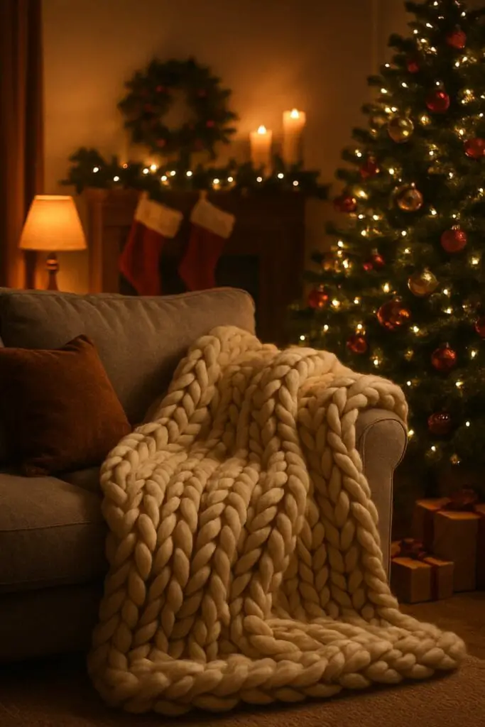 A cozy living room scene featuring a chunky knit throw blanket on a couch, with a Christmas tree and festive decorations in the background.