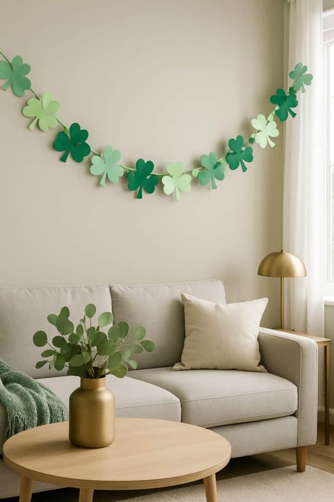 A simple shamrock paper chain garland hanging in a living room, with shades of green shamrocks and a cozy couch in the background.