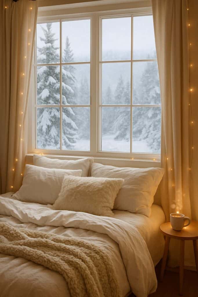 Cozy bed pushed against a large window featuring a snowy winter forest view, styled with warm fairy lights and white bedding.