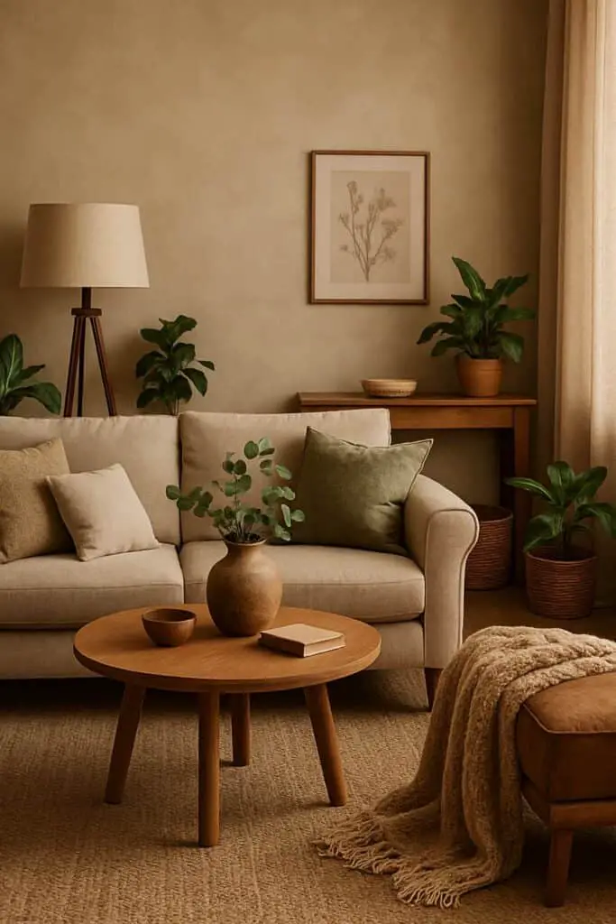 Cozy living room featuring a beige linen sofa, earthy colored throw pillows, and a tripod floor lamp next to indoor plants.
