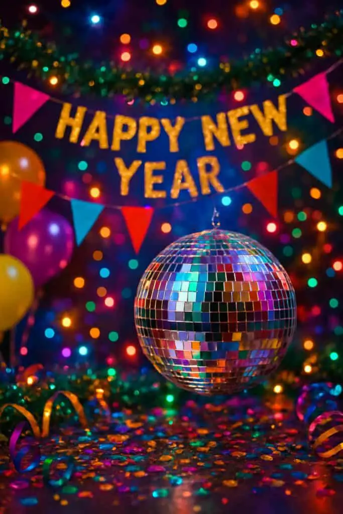 A festive New Year's scene with a sparkling disco ball at the center, surrounded by colorful bokeh lights, confetti, and party banners reading 'Happy New Year'.
