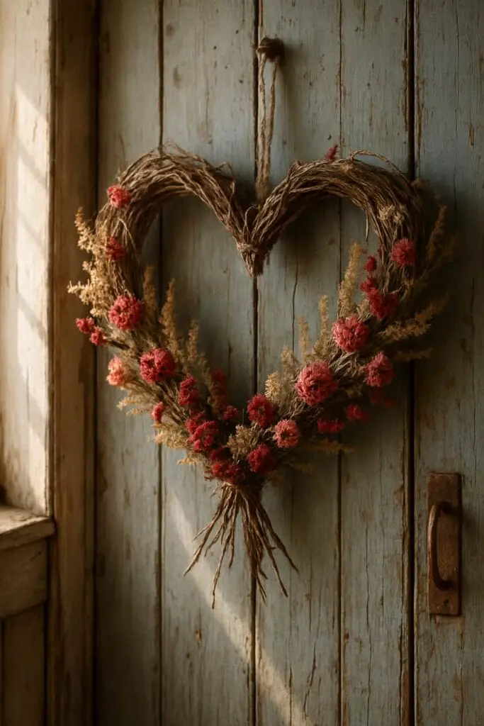 A heart-shaped wreath made of twigs and dried flowers hanging on a rustic wooden door.