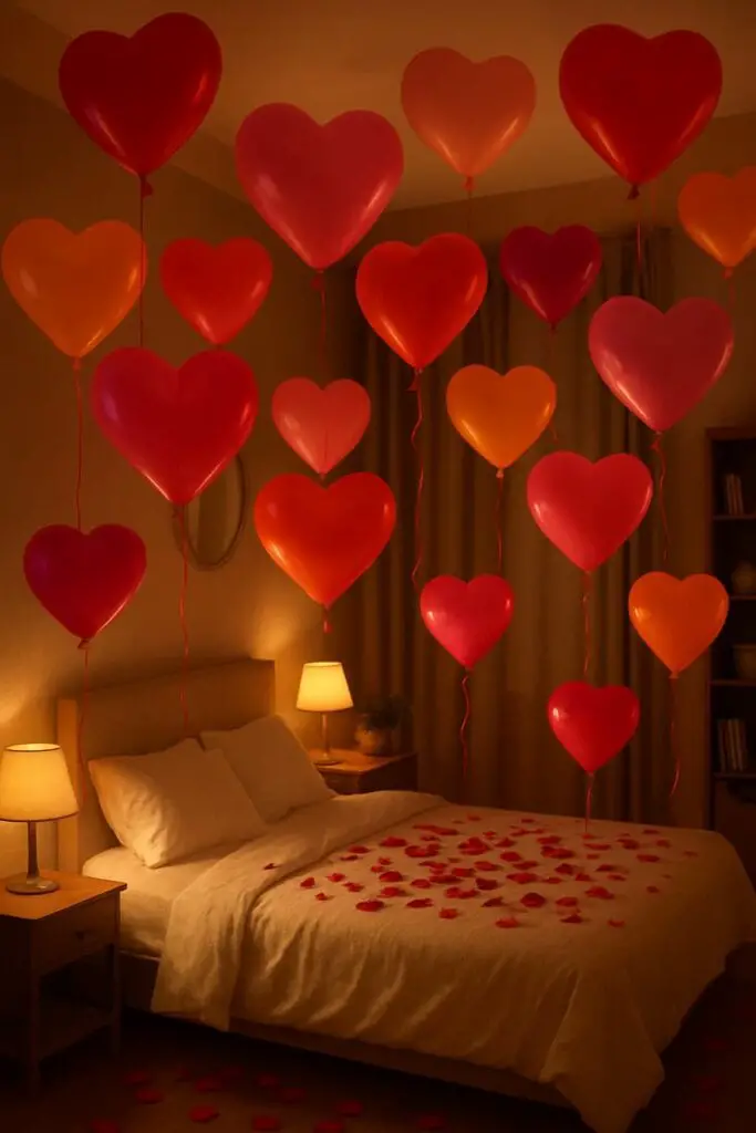 A cozy bedroom with heart-shaped balloons floating from the ceiling and rose petals scattered on the bed.