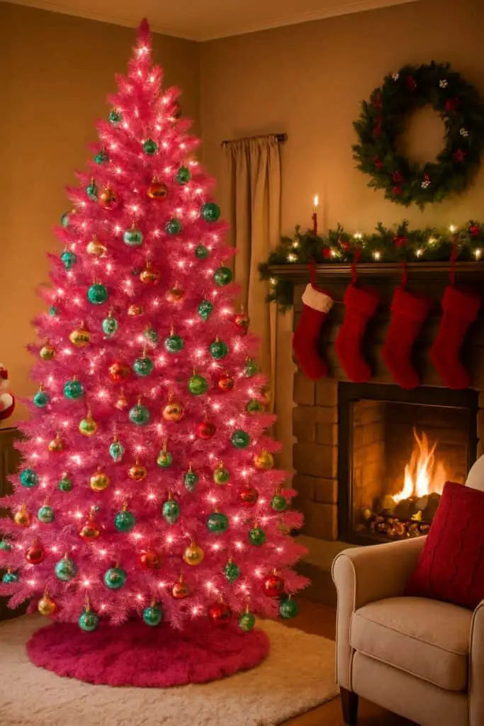 A bright pink Christmas tree decorated with colorful ornaments, glowing lights, and a pink tree skirt, set in a cozy living room with stockings and a fireplace.