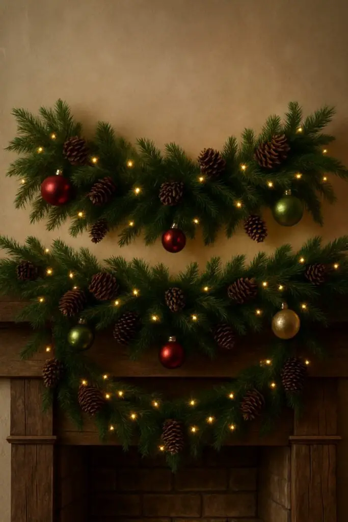 A layered Christmas garland on a mantel with pine cones and ornaments