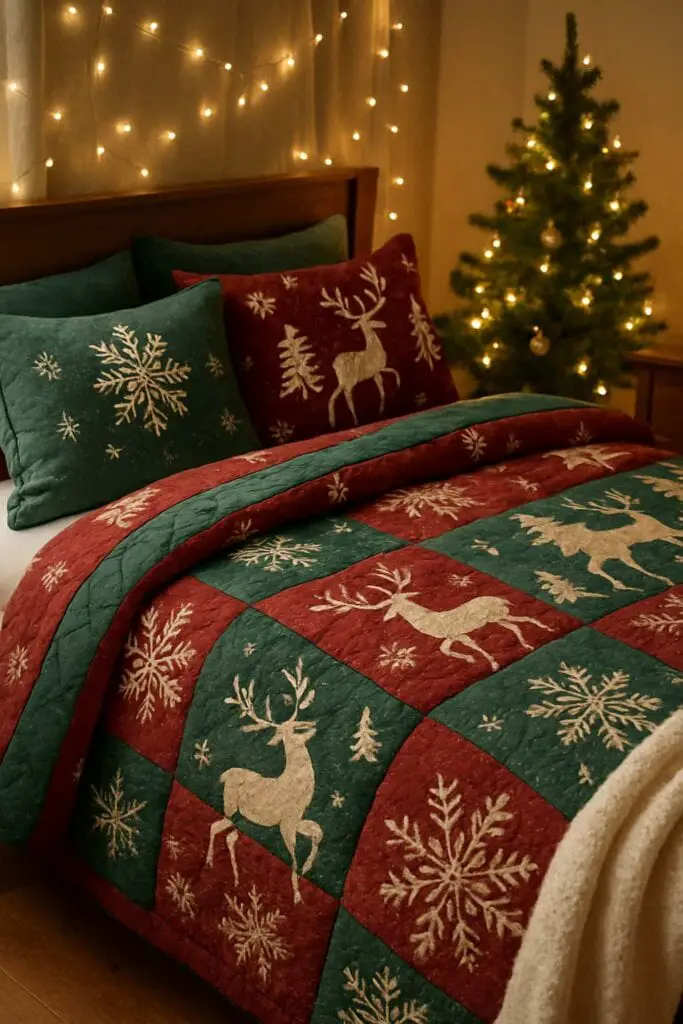 A cozy Christmas bedding set featuring a quilt with reindeer and snowflake patterns in red and green, complemented by matching pillows and a fluffy throw.