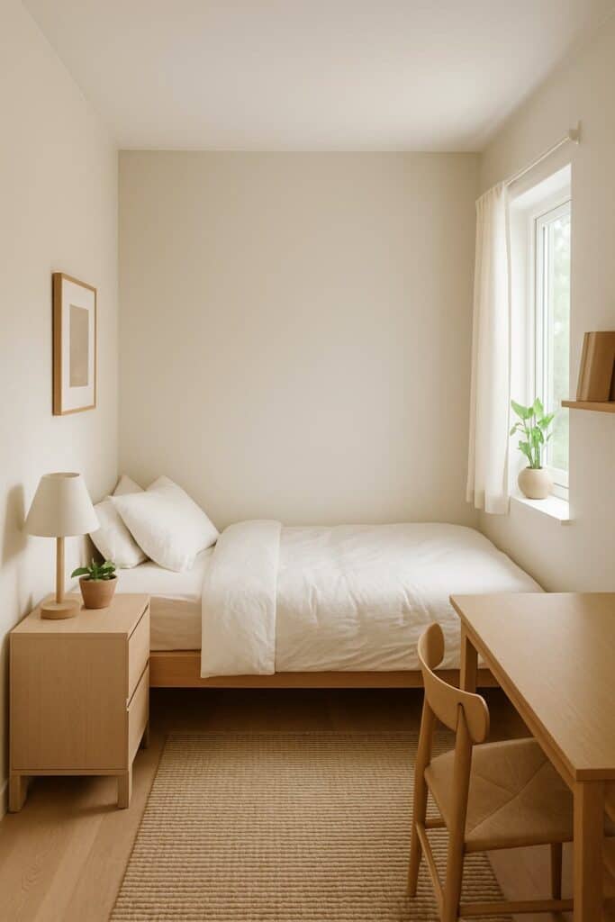 Small minimalist bedroom featuring a bed tucked into the corner to maximize floor space for a desk and chair.
